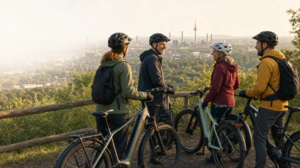 Vier E-Bike-Fahrende im Gespräch an einem Aussichtspunkt