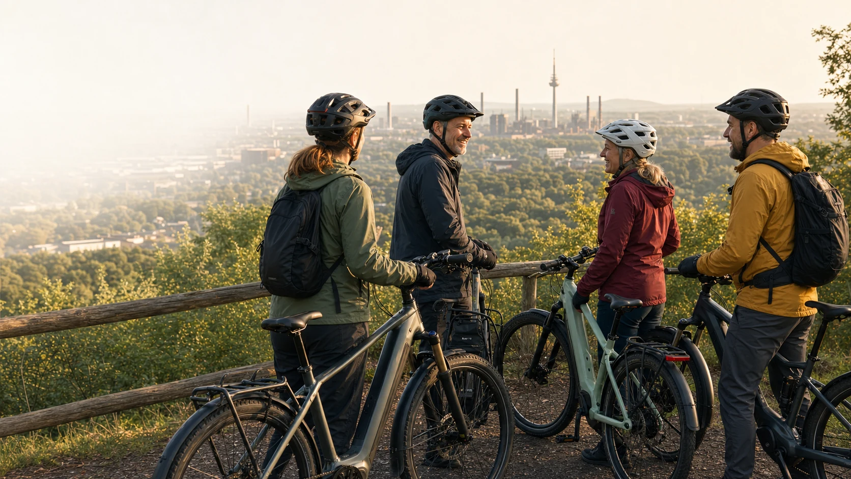 Vier E-Bike-Fahrende im Gespräch an einem Aussichtspunkt